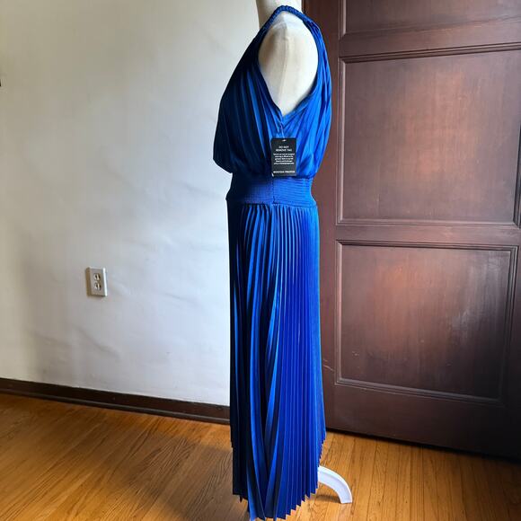 BOSTON PROPER | Blue Pleated Charmeuse HIgh Neck Midi Dress | Medium - Picture 4 of 7